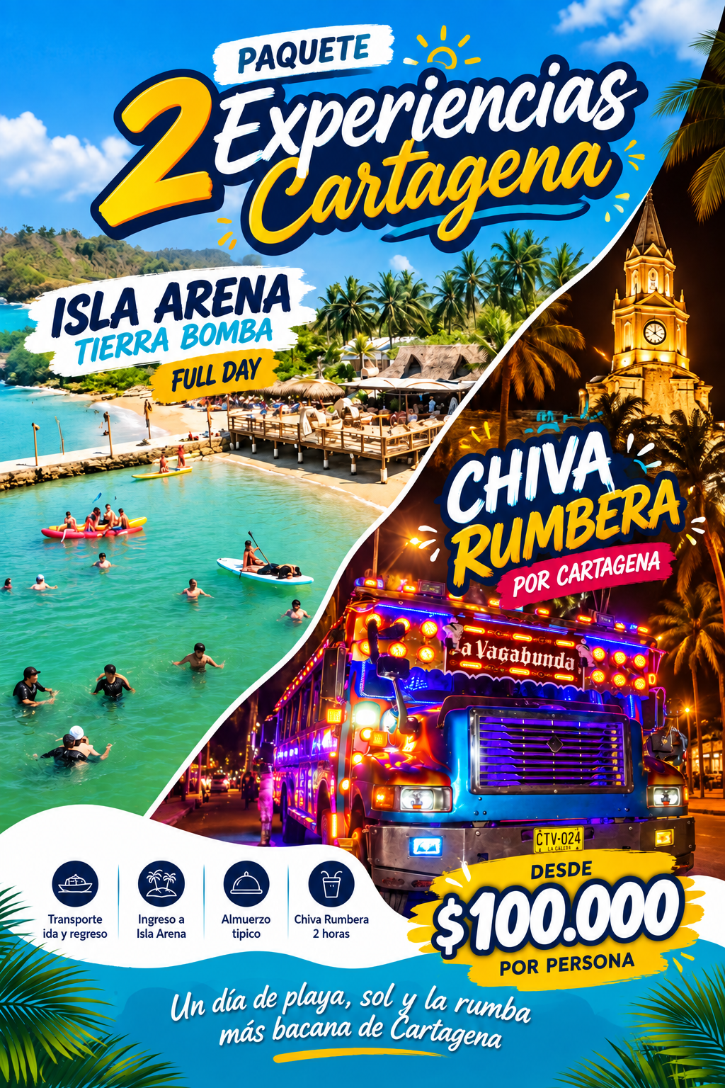 Paquete de 2 experiencias en Cartagena: tour a Punta Arena y Chiva Rumbera.