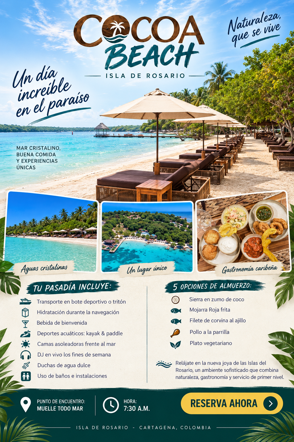 Tour a Cocoa Beach y playa en las Islas del Rosario Cartagena