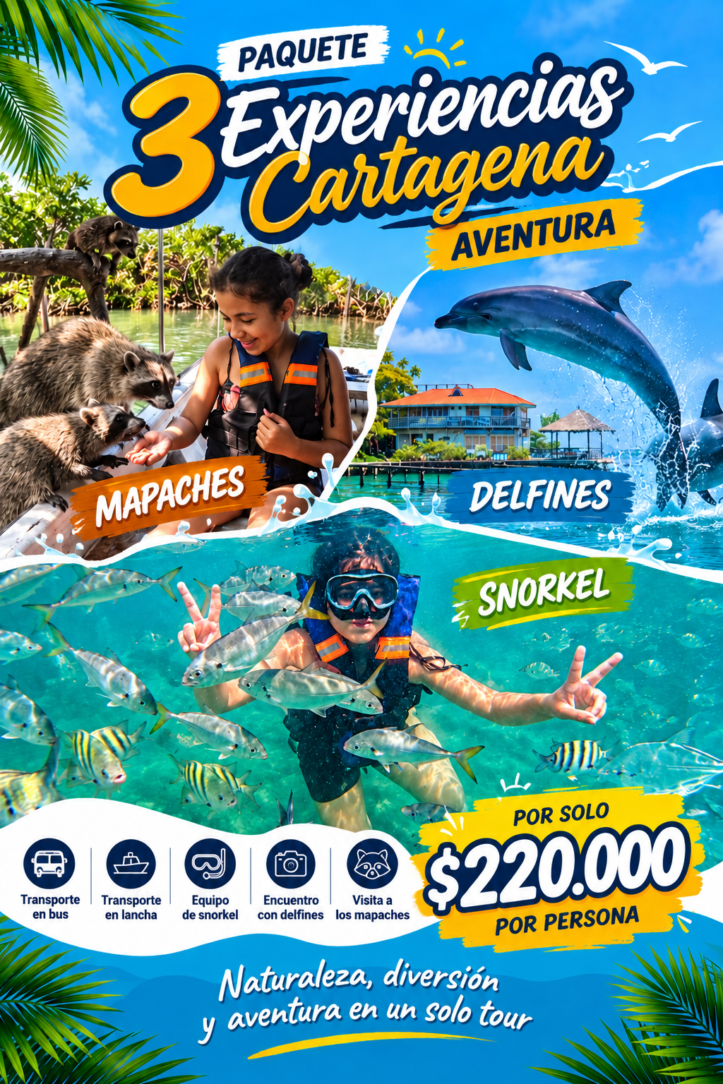 Tour de delfines en Cartagena con snorkel y mapaches en Islas del Rosario.