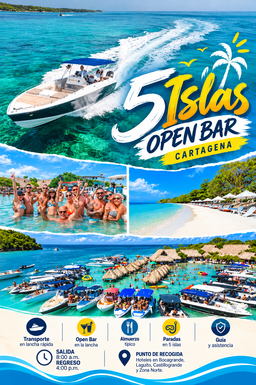 Tour de 5 islas en Cartagena en bote deportivo con Open Bar