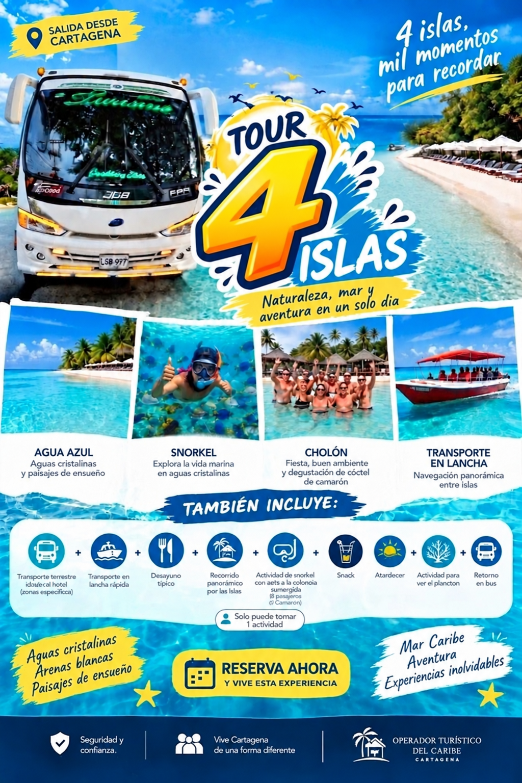 Tour Cuatro Islas Cartagena: recorrido por Islas del Rosario, Cholón y Agua Azul desde Cartagena de Indias.